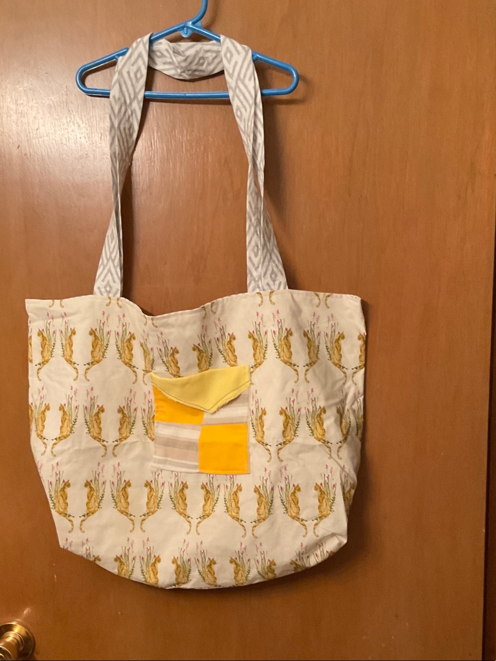 Cream Tote Bag with Yellow Accent and Patterned Straps